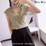 2016新款miomio韩版复古修身无袖棉麻上衣夏V领蕾丝中长款女衬衫