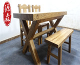 老榆木家具原生态原木实木家具叉腿餐桌椅组合茶桌饭桌书桌子简约