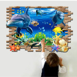 3D立体海底世界卡通装饰墙贴画自粘海豚小鱼防水贴纸 男孩儿童房