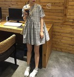 韩国夏装 复古学院风V领格子高腰褶皱娃娃裙子短袖口袋连衣裙女