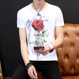 韩版男士修身夏季短袖T恤男青少年帅气圆领衣服学生夏天印花体血