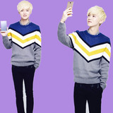 EXO最新款鹿晗代言OPPO手机同款蓝黄黑白拼色条纹毛衣卫衣衣服