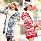 2015秋冬女装新款韩版带帽保暖加绒加厚毛衣大衣开衫中长款外套