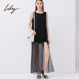 Lily  2015夏新款女装修身拼接无袖长款雪纺连衣裙115240I7356