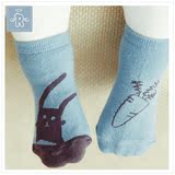 宝宝袜子棉秋 婴儿袜子中短筒蓝兔子不对称防滑地板袜韩国非代购