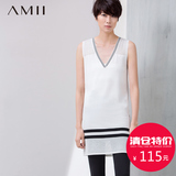 Amii[极简主义] 2016春夏新直筒深V领镂空条纹针织连衣裙11670080