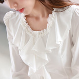 2016秋装新款韩版荷叶边长袖白色衬衫女 修身职业装打底衣雪纺衫