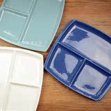 小陶器方形早餐盘三格盘子点心盘水果盘创意分隔陶瓷盘子三色可选