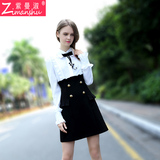 2016春夏季韩版青少女黑白镶拼荷叶边衬衫气质长袖高中学生连衣裙