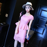 夏装新款韩版圆领短袖荷叶边上衣+高腰蕾丝包臀半身裙套装女T383