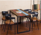 loft美式乡村复古做旧彩色条纹铁艺实木休闲餐桌椅咖啡桌椅书桌子
