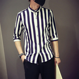 香港代购男士衬衣短袖竖条纹英伦休闲衬衫韩版青年修身百搭七分袖