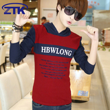 青少年长袖T恤韩版紧身男士带帽体恤潮男装拼色字母印花红色小衫