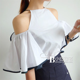 2016夏装新款女装 韩韩版女装挂脖线条边漏肩喇叭袖个性衬衫上衣