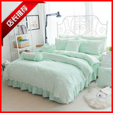 清新冬季韩版珊瑚绒四件加厚套蕾丝绿色被套床裙1.8m床水晶绒短毛