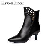Gastone lucioli歌斯东尼秋冬镂空玫瑰女鞋 尖头矮跟牛皮短靴包邮