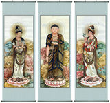 华藏寺开光西方三圣佛像 塑料挂轴挂画/绢丝布画像一套3幅 多尺寸