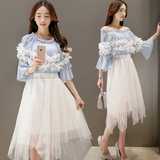 韩版时尚网纱不规则半身裙+立体印花七分袖上衣两件套仙女裙