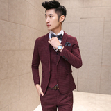 新款精致韩版冬季青年男士细格休闲修身新郎西服男版结婚西装礼服