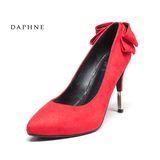 Daphne/达芙妮2016新款尖头高跟鞋女浅口蝴蝶结细跟磨砂布单鞋潮