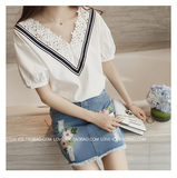 韩国夏季宽松短袖t恤女 中长款蕾丝打底衫百搭雪纺上衣半袖娃娃衫
