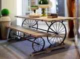 美式乡村 复古做旧铁艺餐桌椅 创意车轮长桌 咖啡厅桌椅组合