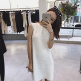 韩国代购2016夏装新款女装潮小香风镂空中裙子夏季白色直筒连衣裙