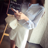 2016夏季新款韩版女式白色七分袖圆领上衣宽松显瘦蝴蝶结雪纺衬衫