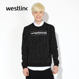 Westlink/西遇2016春季新款 潮流黑白字母条纹套头衫男士休闲卫衣