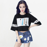 Angelababy杨颖同款韩版中袖字母印花t恤 女夏季宽松短款上衣明星