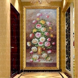 花开富贵油画玄关装饰画纯手绘古典牡丹花卉客厅过道竖版竖幅挂画