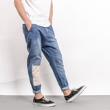 2016新款 美式休闲青年宽松贴布个性拼接牛仔裤 男士修身潮流长裤