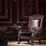 美式实木真皮沙发椅实木雕花复古单人沙发椅欧式古典休闲椅扶手椅