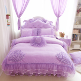 公主风冬季保暖珊瑚绒绒蕾丝四件套床裙式法莱绒被套床上1.8m紫色