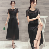 韩版新款黑色简约雪纺连衣裙女网纱短袖开叉A字直筒裙中长裙显瘦