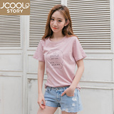 韩国夏季字母简约纯棉学生宽松短袖T恤女韩版体恤上衣半截粉色潮