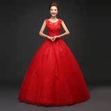 婚纱礼服2015夏新款韩版双肩齐地新娘结婚显瘦双肩红色婚礼蓬蓬裙