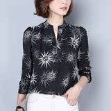 欧情美显瘦衬衫女装2016新款韩版印花长袖衬衣V领气质职业装上衣