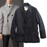英伦时尚冬季男装新款羊毛羊绒拼皮双排扣高级商务休闲毛呢大衣灰