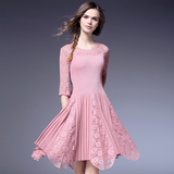 欧洲站品牌女装一件微信微店一件代发 2016春新款大摆蕾丝连衣裙