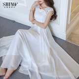 文艺范中长款显瘦无袖蕾丝雪纺白色长裙子夏季仙女修身气质连衣裙