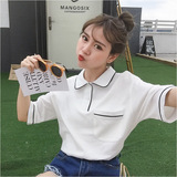2016韩国学院风夏季新款单口袋拼色纯棉学生简单翻领短袖T恤衫女