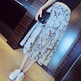 2016夏装新款 韩版小鸟图案印花钮扣门襟雪纺中长款高腰半身裙女
