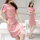 韩国代购女装2016夏季新款修身显瘦直筒A型纯色收腰短袖A字连衣裙