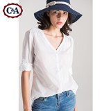 C＆A女式褶皱饰V领白色衬衫 2016春夏新款显瘦挽袖CA100001171