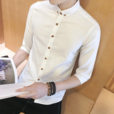 夏季半袖潮男七分袖衬衫韩版青少年修身衬衣男士纯色短袖学生衣服