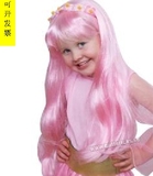 假发女孩粉色假发带小花儿童假发大人能戴表演假发齐刘海长直卷发