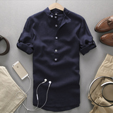 夏季纯色立领亚麻男士短袖衬衫修身韩版青年大码白衬衣半袖寸衫潮