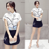 潮流韩版百搭2016年夏季衬衫领无袖纯色半身裙两件套