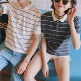 2016夏装情侣装修身纯棉条纹短袖POLO衫韩版男女学生休闲翻领T恤
